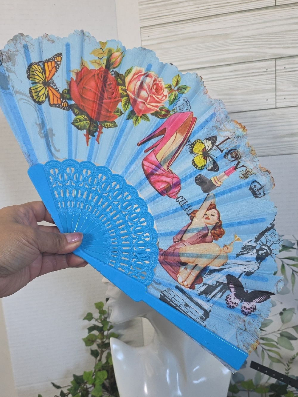 Glam Girl Accordion Folding Hand Fan Statue Liberty High Heels Roses